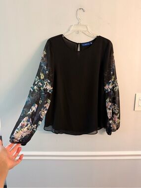 Apt. 9 Black Blouse with Floral Sheer Sleeve Detail